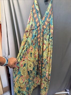 Vibrant Paisley Print V-Neck Jumpsuit- Turquoise & Pink